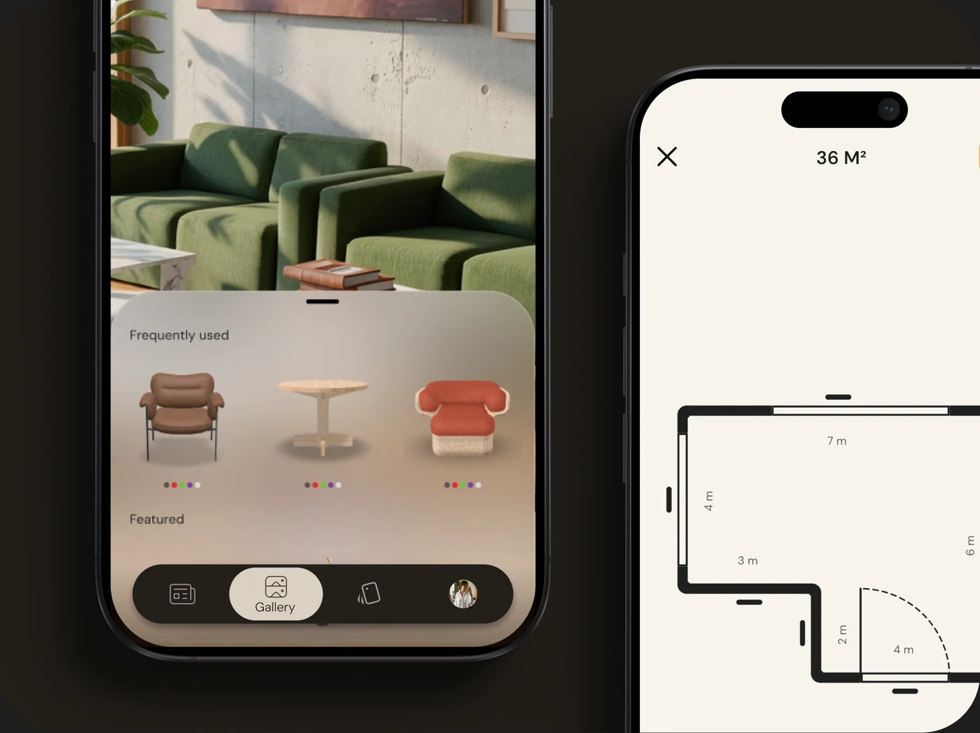 Two phones running the app: a styled living room with the furniture drawer open, and a 36 m² floor plan
